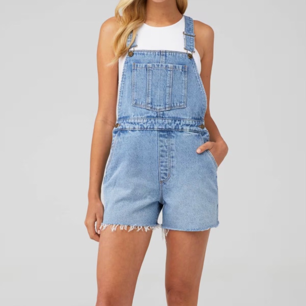 Rollas denim short high rise cut off overalls